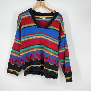 Vintage Southwestern Horse Red Blue V Neck Sweater‎ Size M Equestrian Colorful